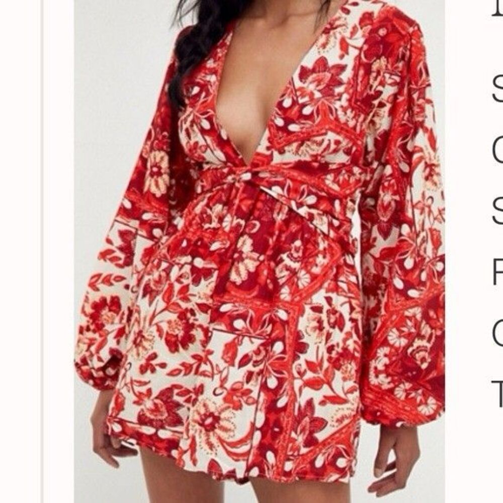 Free People Red Cream Floral V-Neck Long Balloon Sleeve Romper S Rayon